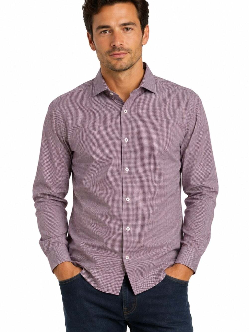 Tattersall London Mens Casual Dress Shirt Size 16 32/33 Burgundy Check Business